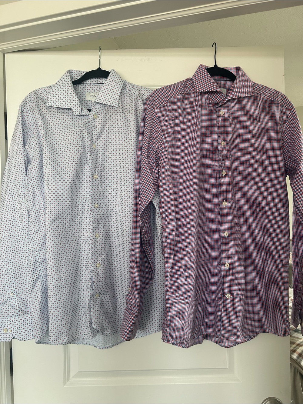 TWO Eton Shirt Mens 16 41 Blue Red and White Slim Dress Shirt Long Sleeve